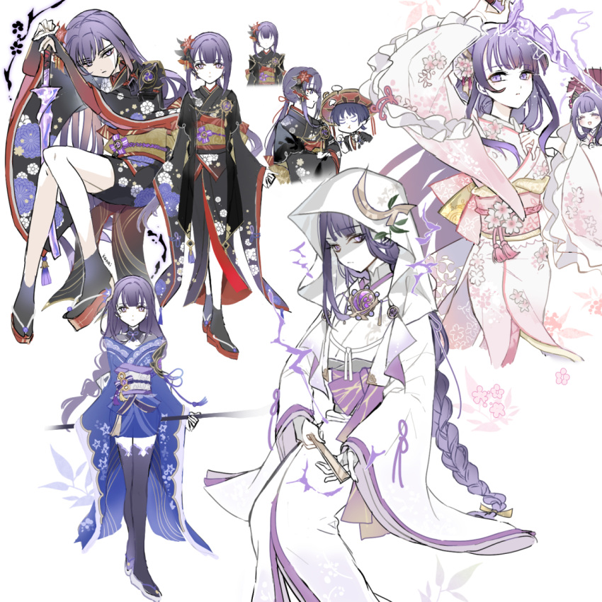 1boy, 2girls, alternate_color, alternate_costume, black_kimono, blue_kimono, braid, braided_ponytail