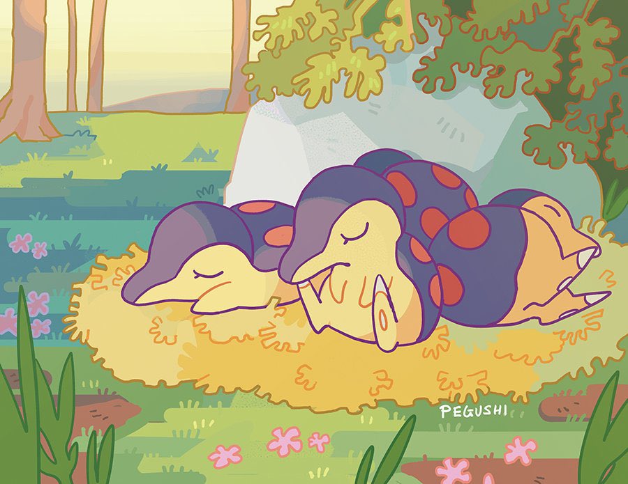 artist_name, closed_eyes, cyndaquil, forest, grass, lying, nature, on_side, outdoors, pegushi, plant, pokemon, pokemon_(creature), rock, sitting, sleeping, sleeping_upright
