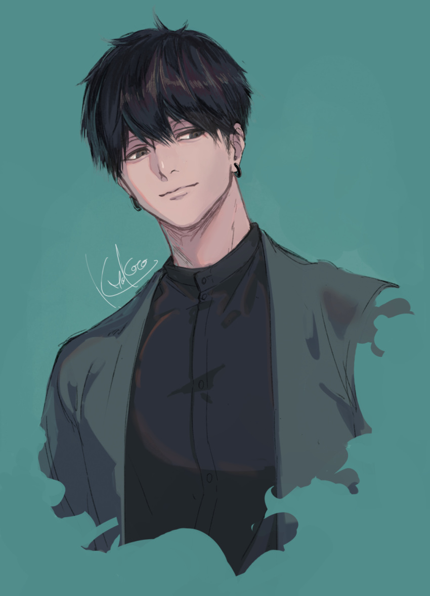 1boy, artist_name, black_hair, black_shirt, blue_background, brown_eyes, cropped_arms, earrings, highres, jewelry, makoto_kohuku, male_focus, original, portrait, shirt, short_hair, simple_background, solo