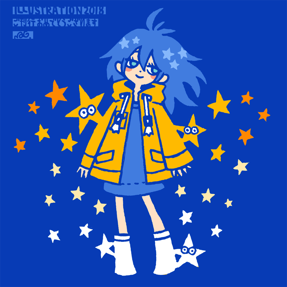 1girl, 2018, aqua_eyes, blue_background, blue_hair, blue_shirt, blush, drawstring, full_body, garouma, hood, hood_down, illustration.media, jacket, long_hair, original, shirt, sleeves_past_wrists, smile, solo, standing, star_(symbol), white_footwear, yellow_jacket