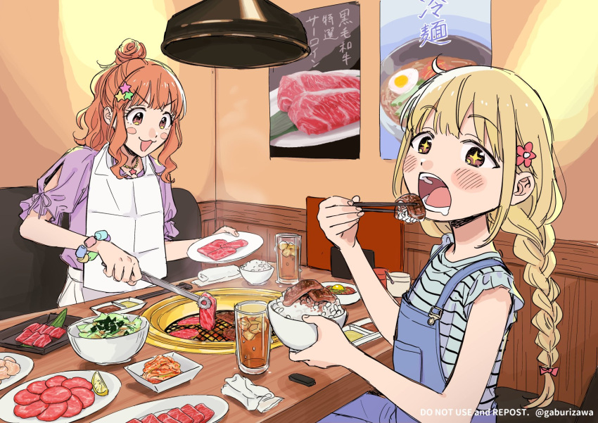 2girls, :3, bangs, blonde_hair, bowl, braid, brown_eyes, chopsticks
