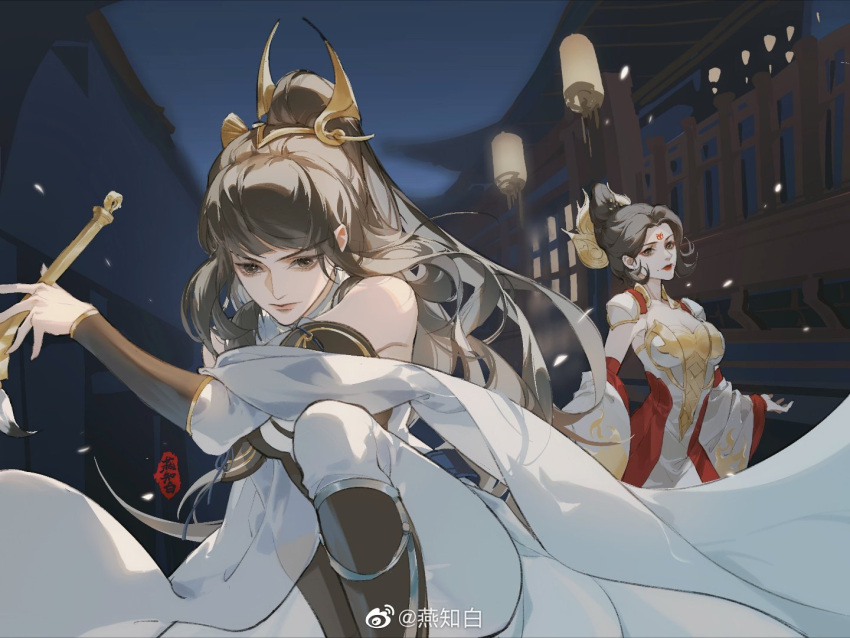 2girls, breasts, brown_hair, building, dark, detached_sleeves, facial_mark, forehead_mark