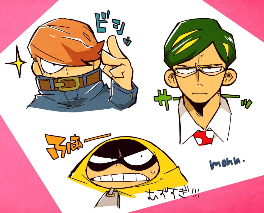 3boys, best_jeanist, black_mask, boku_no_hero_academia, clenched_teeth, closed_mouth, collared_shirt, commentary, covered_mouth, eye_mask, fat_gum_(boku_no_hero_academia), glasses, green_hair, hair_over_one_eye, hand_up, highres, hood, hood_up, long_sleeves, looking_at_viewer, male_focus, monu, multiple_boys, necktie, orange_hair, pink_background, portrait, shirt, short_hair, simple_background, sir_nighteye, teeth, translation_request, white_background, yellow_eyes, zipper_pull_tab