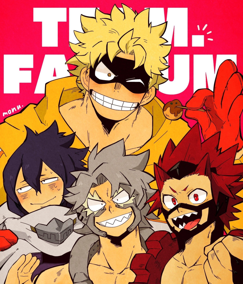 4boys, amajiki_tamaki, black_hair, black_mask, blonde_hair, blush, boku_no_hero_academia, character_name, clenched_hand, closed_mouth, collarbone, commentary_request, eye_mask, fat_gum_(boku_no_hero_academia), food, gloves, grey_hair, grin, highres, holding, holding_food, hood, hoodie, kirishima_eijirou, looking_at_viewer, male_focus, monu, multiple_boys, one_eye_closed, open_mouth, red_background, red_eyes, red_gloves, redhead, sharp_teeth, short_hair, simple_background, smile, spiky_hair, sweat, takoyaki, teeth, tetsutetsu_tetsutetsu, toothpick, yellow_eyes, yellow_hoodie