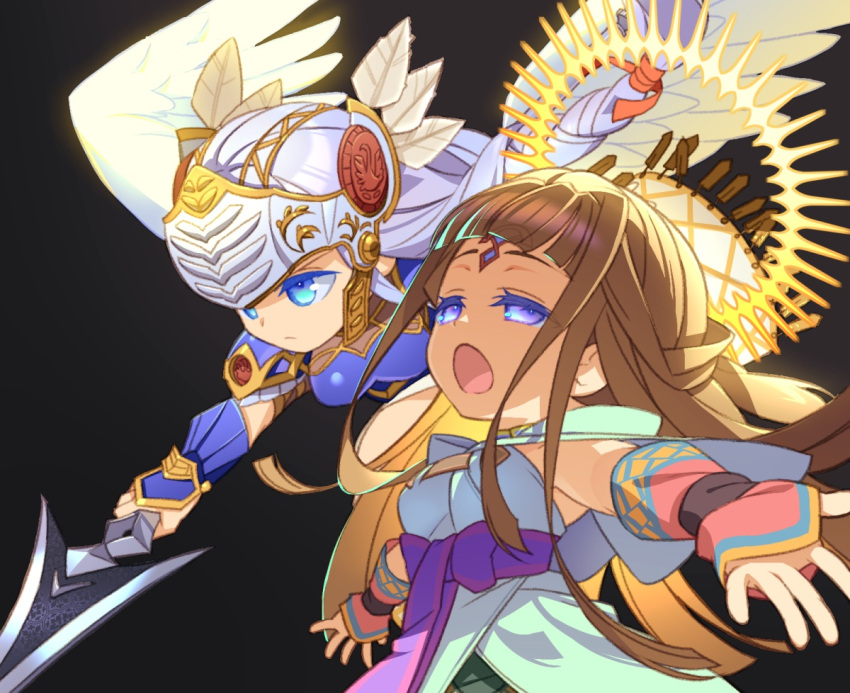 2girls, armor, armored_dress, bangs, blue_armor, blue_eyes, brown_hair, gauntlets