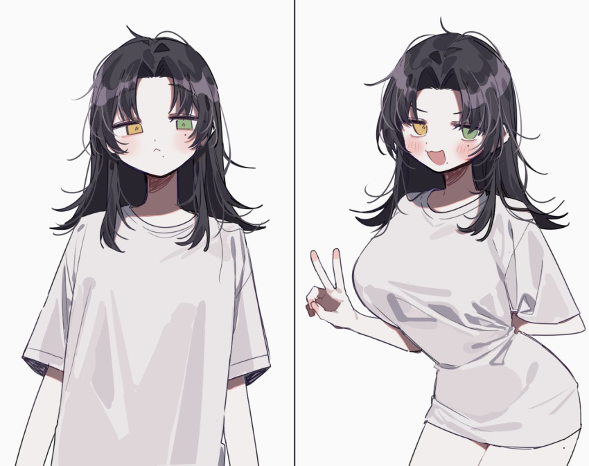 1girl, :<, :d, black_hair, blush, breasts, character_request, closed_mouth, commentary_request, copyright_request, cowboy_shot, dbffnj9yodnccnd, green_eyes, heterochromia, large_breasts, long_hair, looking_at_viewer, loose_clothes, loose_shirt, mole, mole_under_eye, mole_under_mouth, no_pants, no_pupils, shirt, simple_background, smile, t-shirt, v, white_background, white_shirt, yellow_eyes