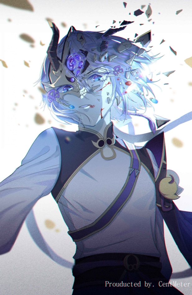 1boy, artist_name, bangs, bleeding, blood, blood_on_face, blue_eyes, broken_mask
