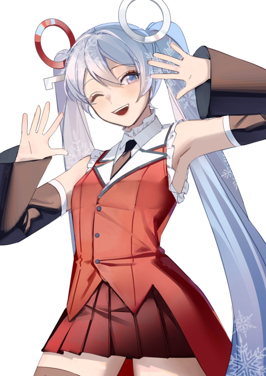 1girl, armpits, black_necktie, black_sleeves, blue_eyes, blue_hair, commentary, cowboy_shot