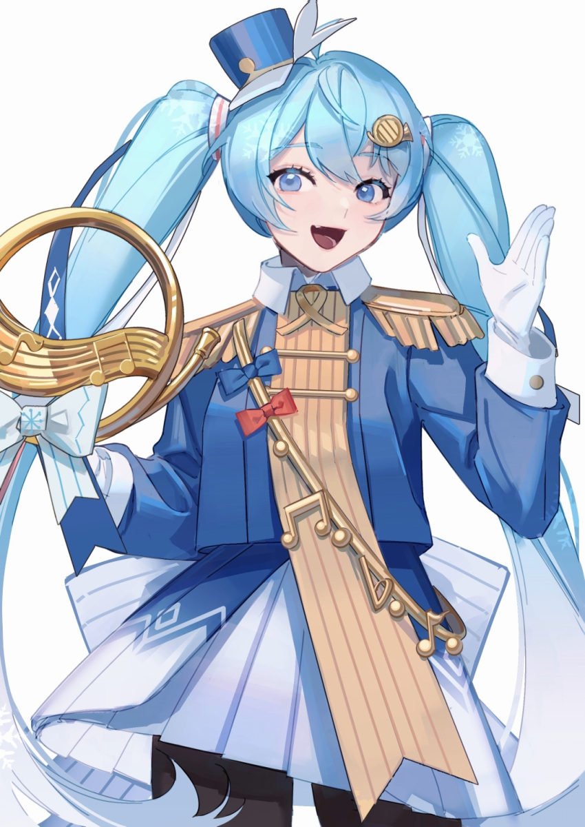 1girl, ahoge, aiguillette, argyle, band_uniform, beamed_eighth_notes, blue_bow, blue_bowtie, blue_eyes, blue_hair, blue_headwear, blue_jacket, blue_skirt, bow, bowtie, commentary, cowboy_shot, eighth_note, epaulettes, gloves, hair_ribbon, hand_up, hat_feather, hatsune_miku, head_tilt, highres, holding, holding_instrument, horn_(instrument), instrument, jacket, layered_skirt, light_blue_hair, mallope, mini_shako_cap, miniskirt, musical_note, open_mouth, pantyhose, pleated_skirt, quarter_note, red_bow, red_bowtie, red_ribbon, ribbon, simple_background, skirt, smile, snowflake_print, solo, standing, striped, striped_ribbon, twintails, vocaloid, white_background, white_gloves, white_ribbon, white_skirt, yuki_miku, yuki_miku_(2020)
