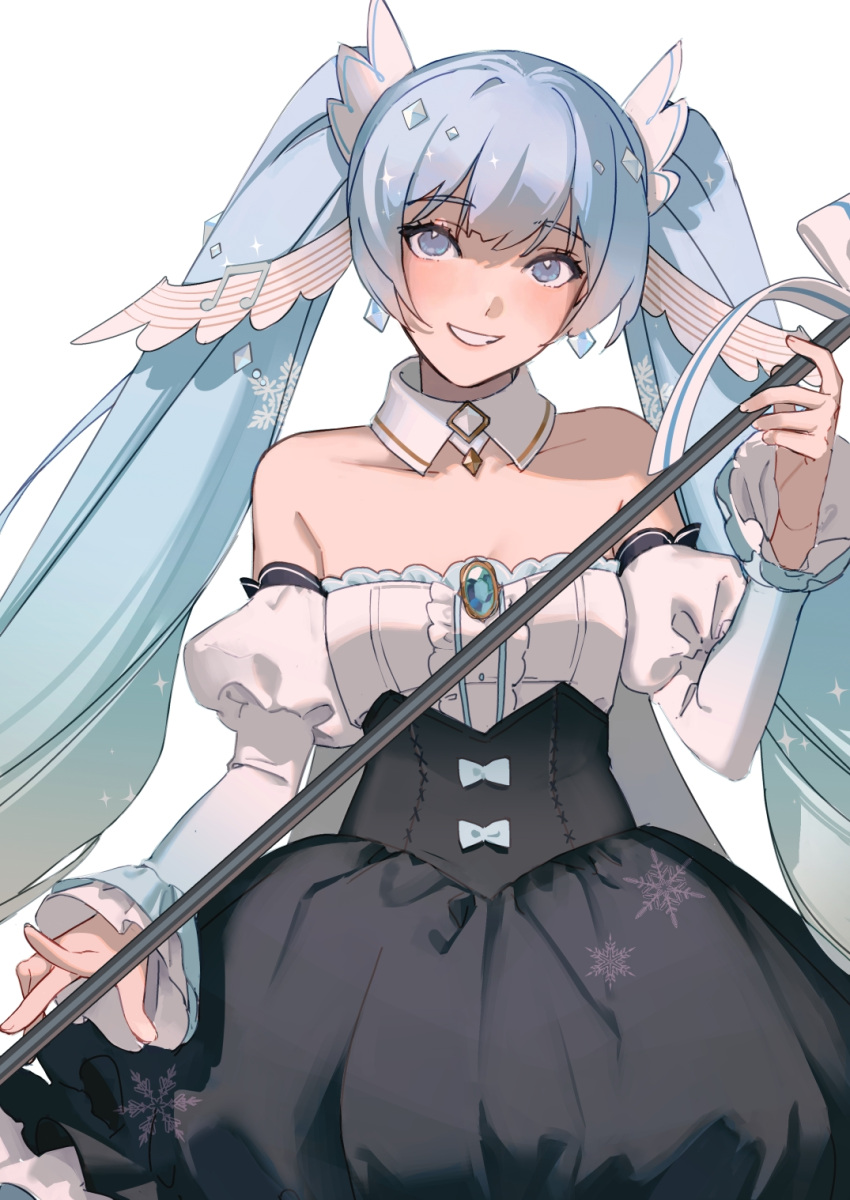 1girl, bare_shoulders, beamed_eighth_notes, blue_dress, blue_eyes, blue_hair, brooch, center_frills, collarbone, commentary, detached_collar, detached_sleeves, dress, frills, grin, hair_ornament, hand_up, hatsune_miku, highres, holding, holding_scepter, jewelry, light_blue_hair, long_hair, long_sleeves, looking_at_viewer, mallope, musical_note, musical_note_hair_ornament, princess, puffy_detached_sleeves, puffy_long_sleeves, puffy_sleeves, ribbon, scepter, simple_background, sleeveless, sleeveless_dress, smile, snowflake_print, solo, sparkle, strapless, strapless_dress, twintails, very_long_hair, vocaloid, white_background, white_ribbon, yuki_miku, yuki_miku_(2019)