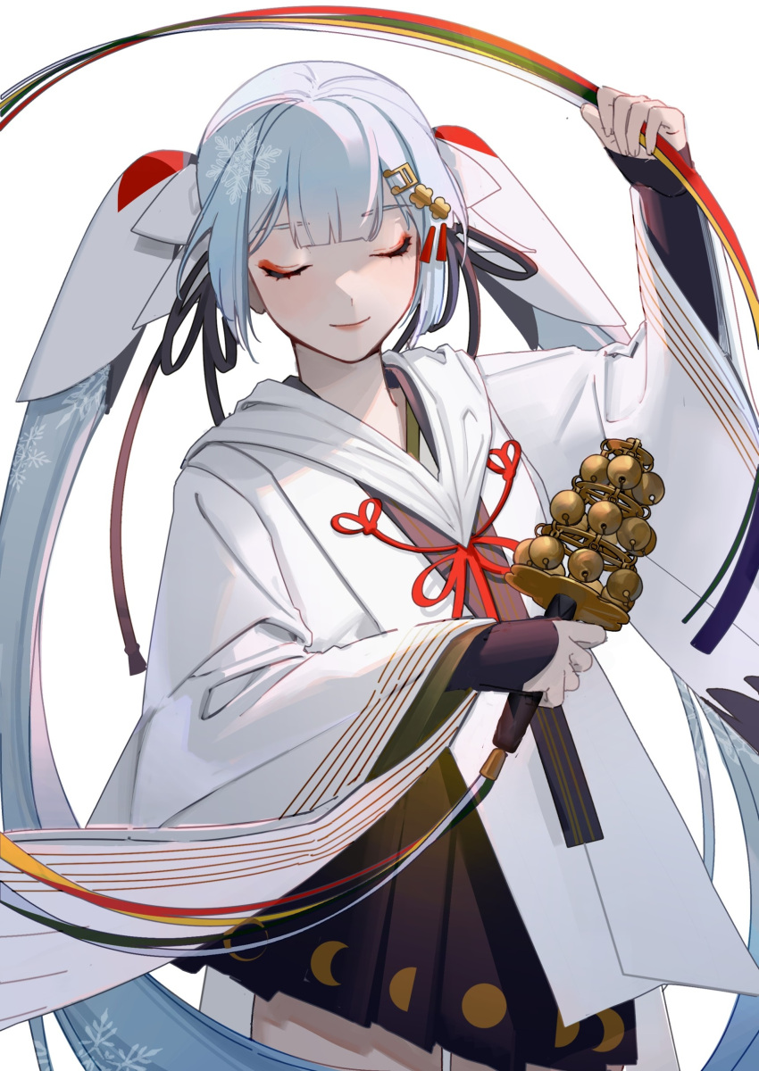1girl, absurdres, arm_warmers, beamed_sixteenth_notes, bell, black_skirt, blue_hair, closed_eyes