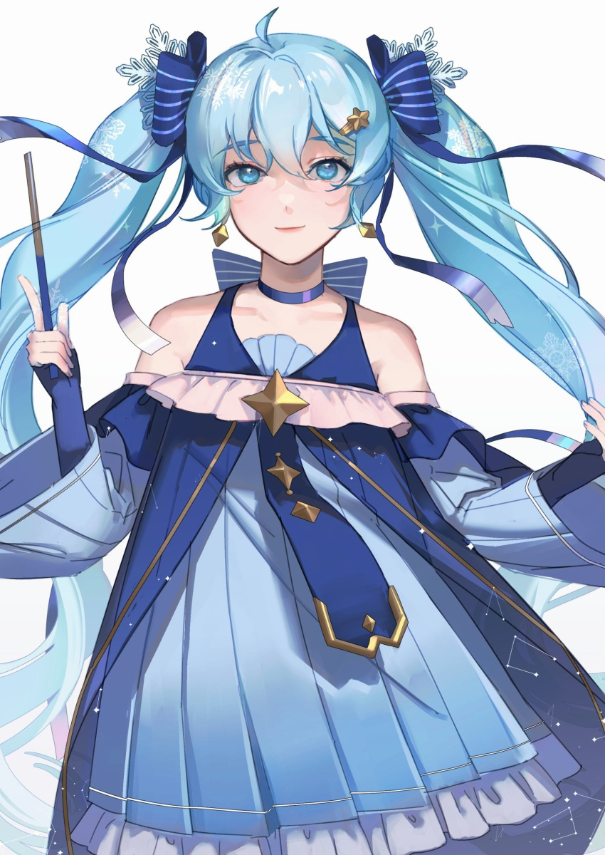 1girl, absurdres, ahoge, bare_shoulders, blue_dress, blue_eyes, blue_gloves, blue_hair