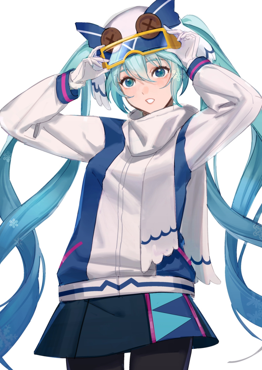 1girl, adjusting_goggles, aqua_eyes, aqua_hair, blue_skirt, button_eyes, commentary, gloves