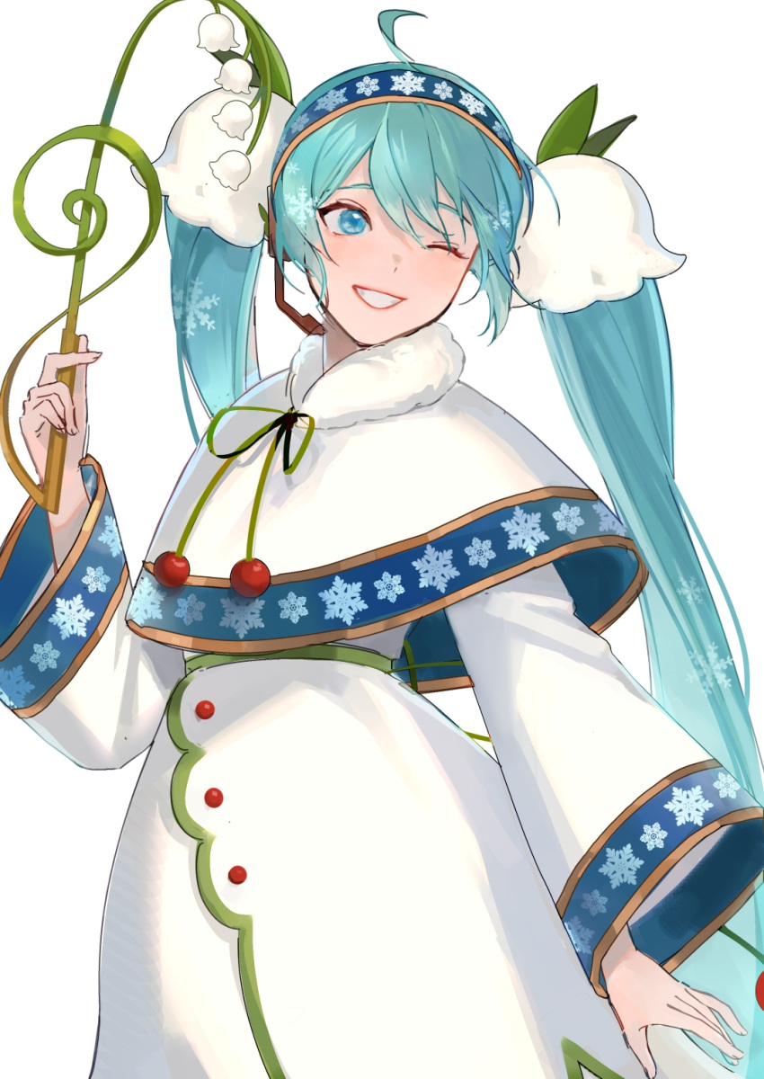 1girl, ahoge, ainu_clothes, aqua_eyes, aqua_hair, capelet, commentary, dress