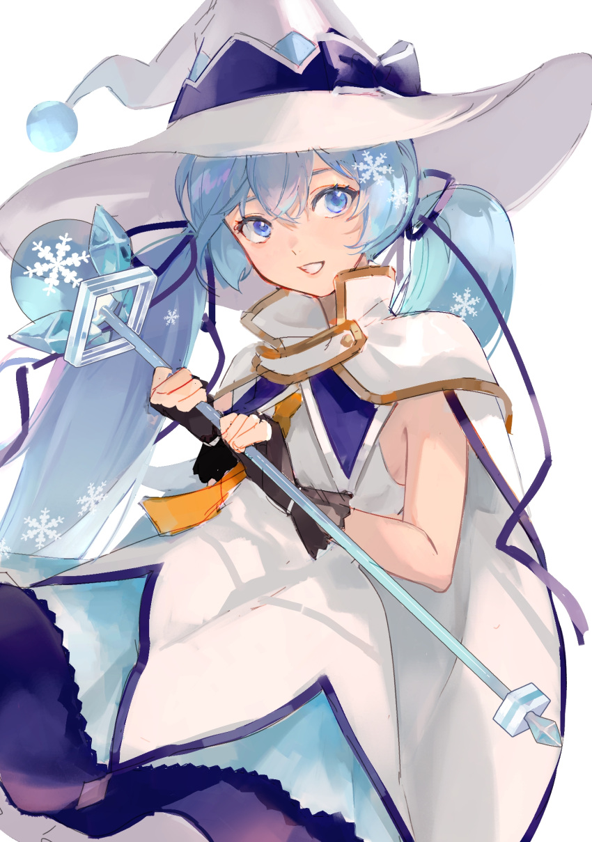 1girl, bare_arms, black_gloves, blue_eyes, blue_hair, bow, cloak, commentary