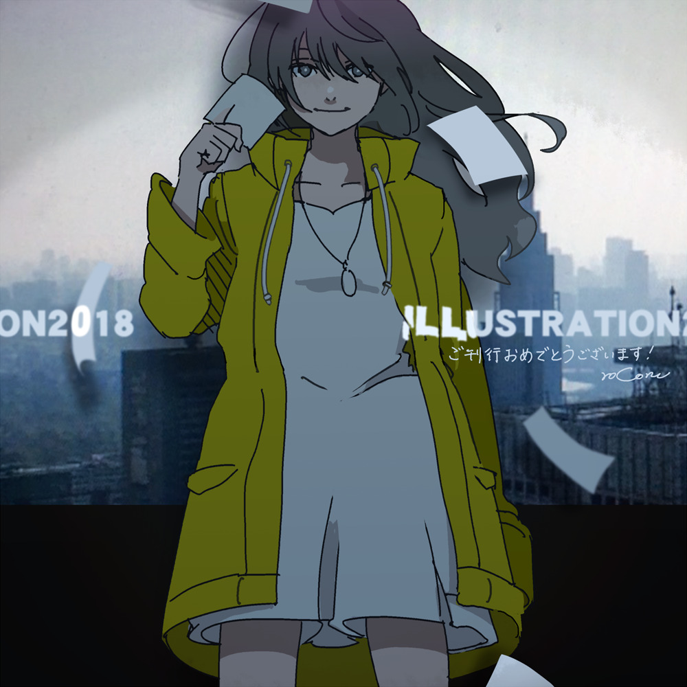 10xxx05, 1girl, 2018, bangs, bright_pupils, city, cowboy_shot, drawstring