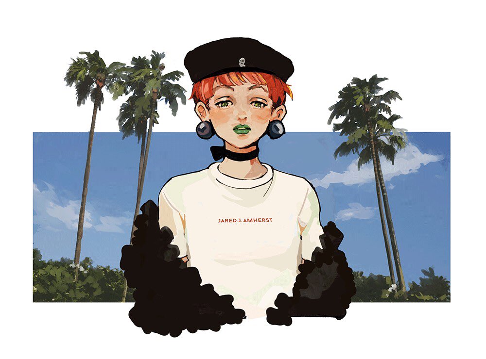 10xxx05, 1girl, bad_id, bad_twitter_id, bangs, beret, black_headwear, blue_sky