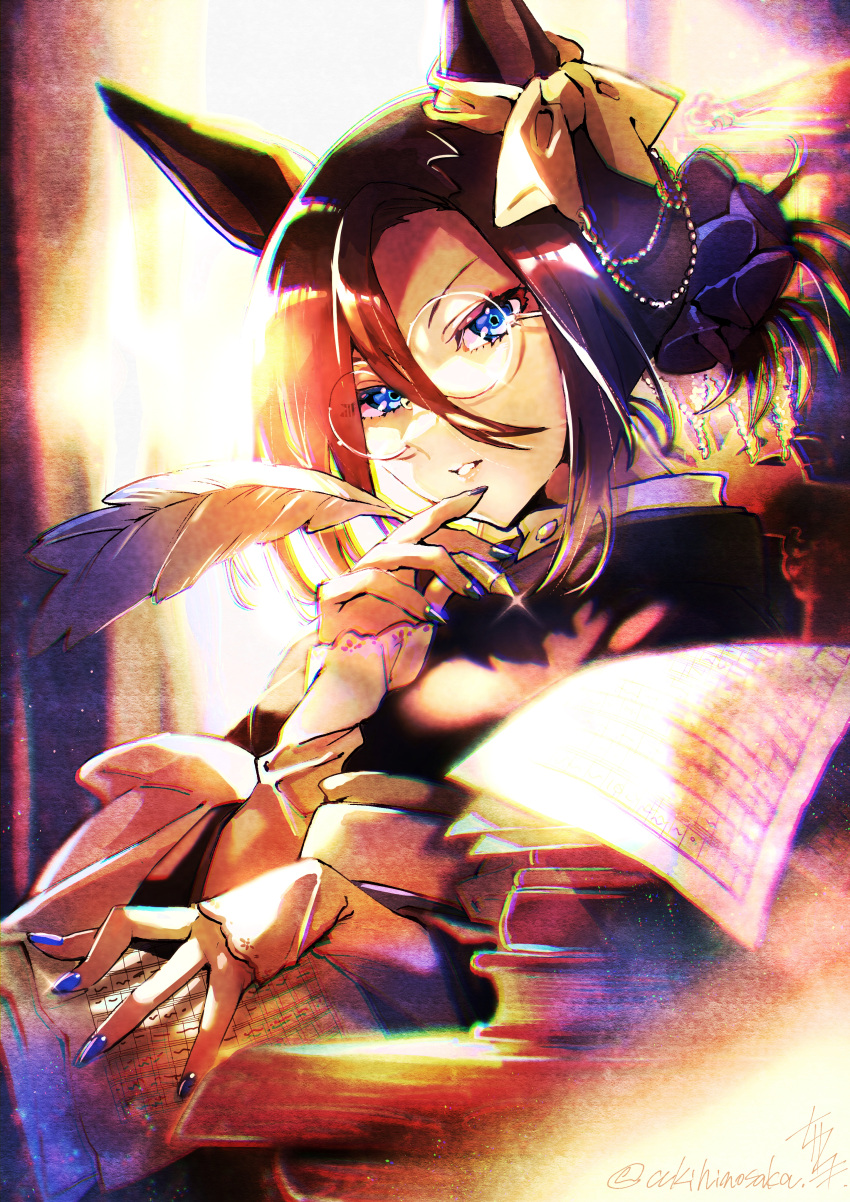 1girl, absurdres, air_groove_(umamusume), artist_name, backlighting, bespectacled, black_hair, black_kimono