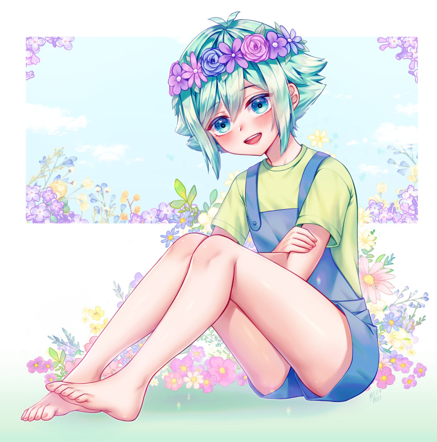 1boy, absurdres, bare_legs, barefoot, flower, flower-shaped_hair, green_eyes, green_hair, green_shirt, hair_between_eyes, hair_ornament, highres, male_focus, mizumizzumiz, multicolored_hair, open_mouth, original, overalls, overflow, shirt, smile, streaked_hair, t-shirt