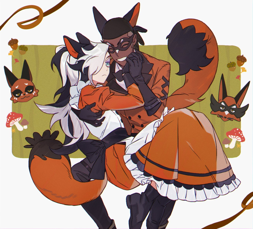 2boys, alternate_costume, bangs, black_footwear, black_hair, boots, border, brown_ribbon