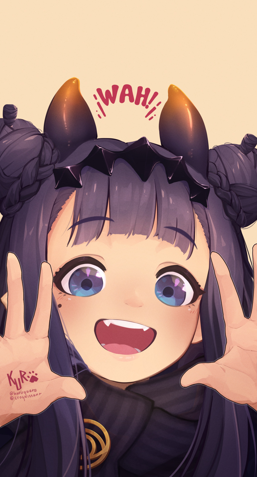 1girl, :d, absurdres, bangs, blue_eyes, blunt_bangs, brooch, commentary