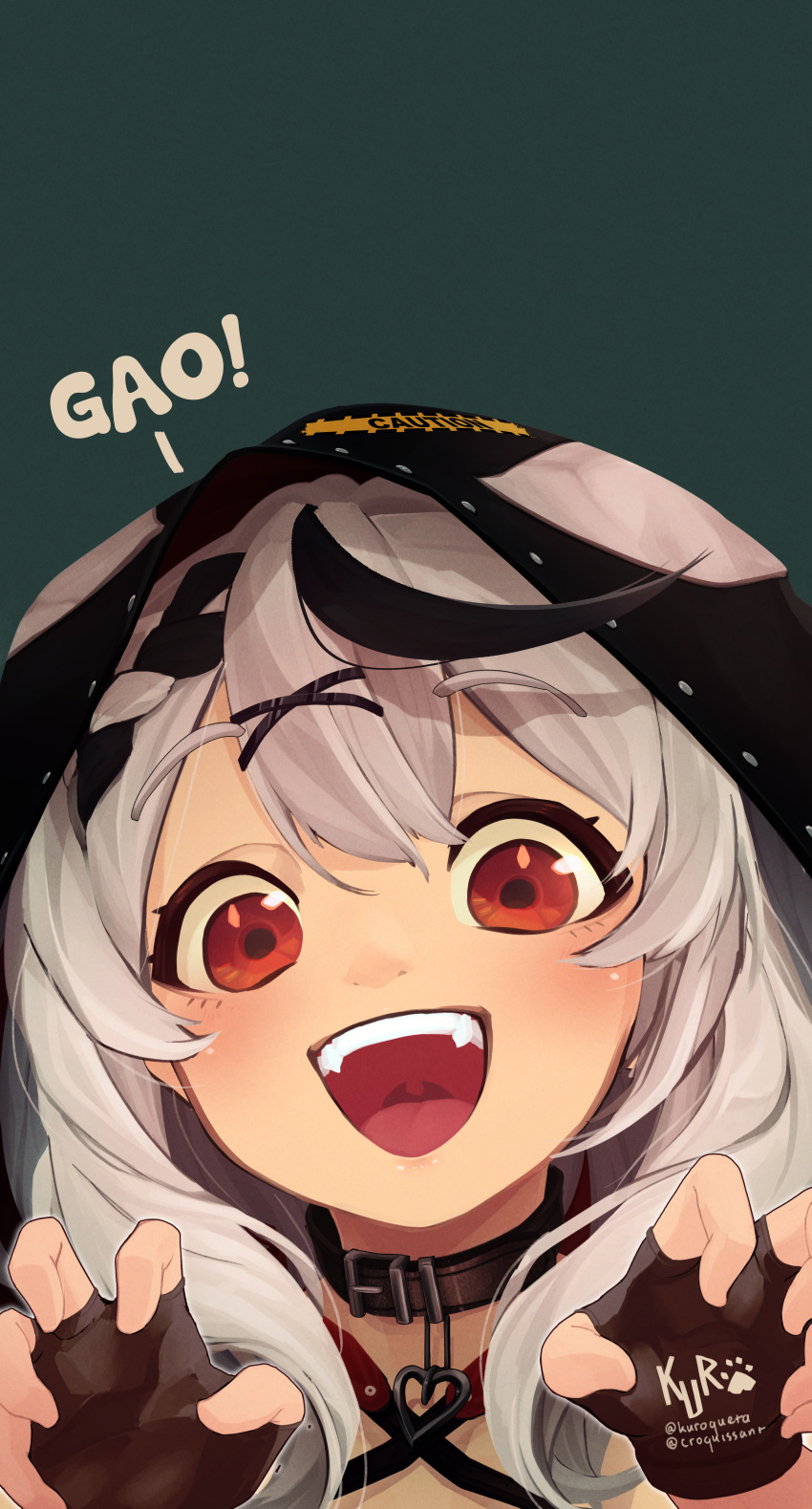 1girl, absurdres, black_hair, brown_choker, brown_gloves, choker, claw_pose, commentary