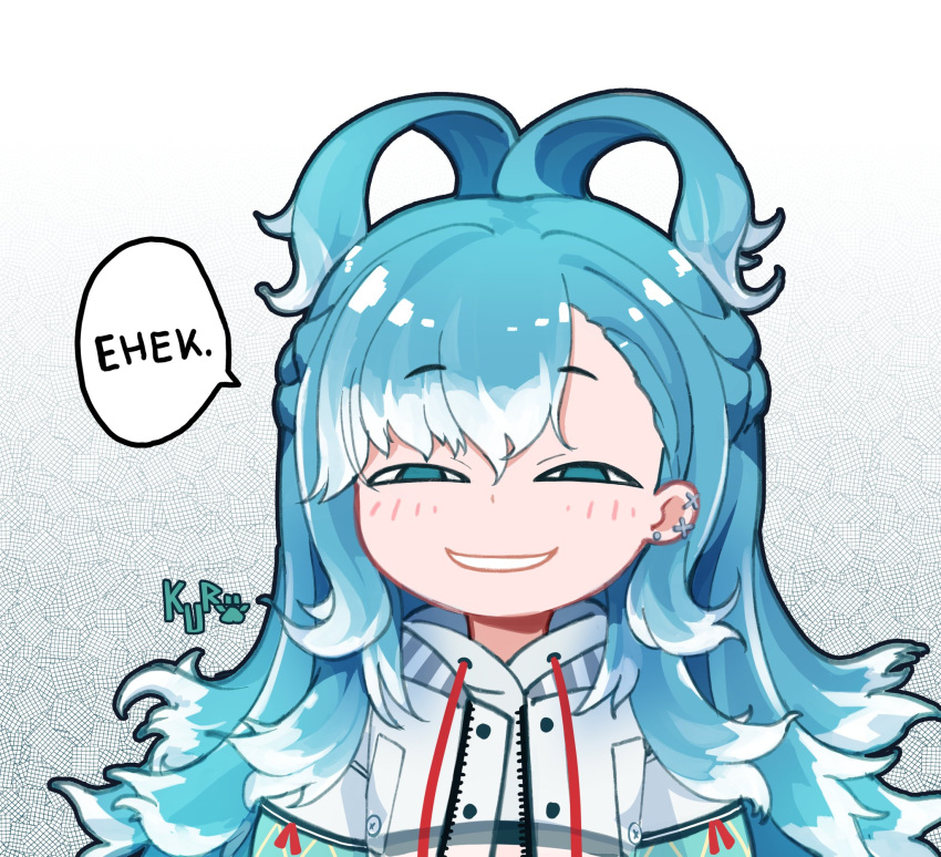 1girl, anya's_heh_face_(meme), anya_(spy_x_family), asymmetrical_bangs, bangs, blue_eyes, blue_hair, commentary