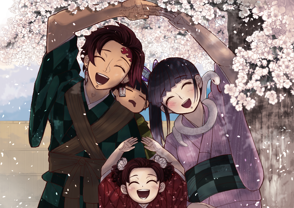 1boy, 3girls, arm_up, arms_up, brown_hair, carrying, checkered_clothes, checkered_kimono, cherry_blossoms, closed_eyes, commentary, commentary_request, earrings, family, green_kimono, if_they_mated, japanese_clothes, jewelry, kamado_tanjirou, kimetsu_no_yaiba, kimono, makuralover, multiple_girls, open_mouth, piggyback, pink_kimono, pose, purple_hair, red_kimono, sash, scar, scar_on_face, scar_on_forehead, short_hair, side_ponytail, sleeping, snake, tree, tsuyuri_kanao