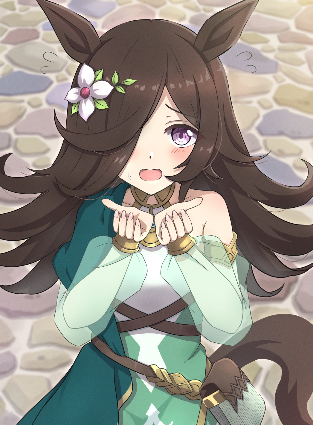 1girl, alternate_costume, animal_ears, bag, bangs, black_hair, blurry, blurry_background