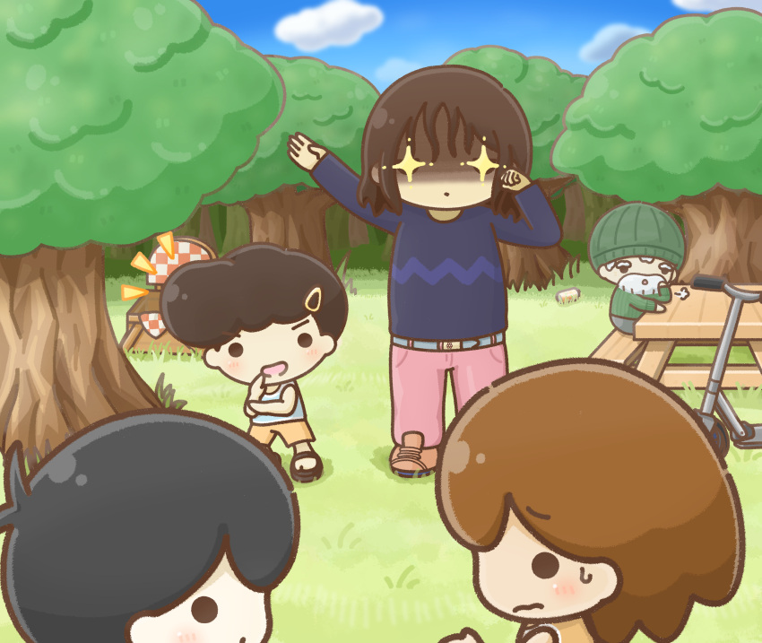 1girl, 4boys, absurdres, angel_(omori), belt, black_hair, black_shirt, brown_footwear
