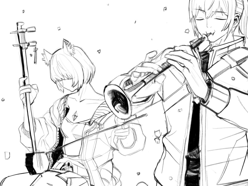 1boy, 1girl, animal_ears, highres, hitobashira_(1746164306), holding, holding_instrument, instrument