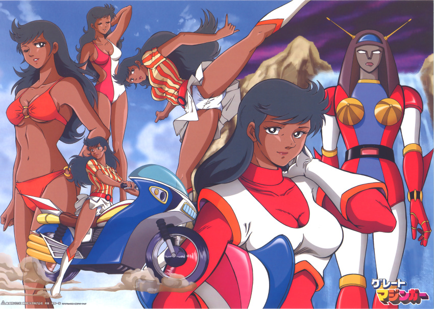belt, bike, black_eyes, black_hair, boots, breasts, cleavage, dark_skin
