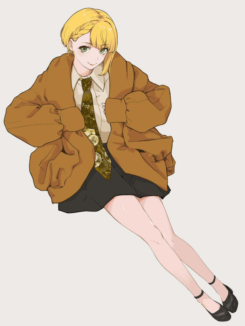 1girl, baggy_clothes, blonde_hair, braid, coat, collared_shirt, doyagao, earrings