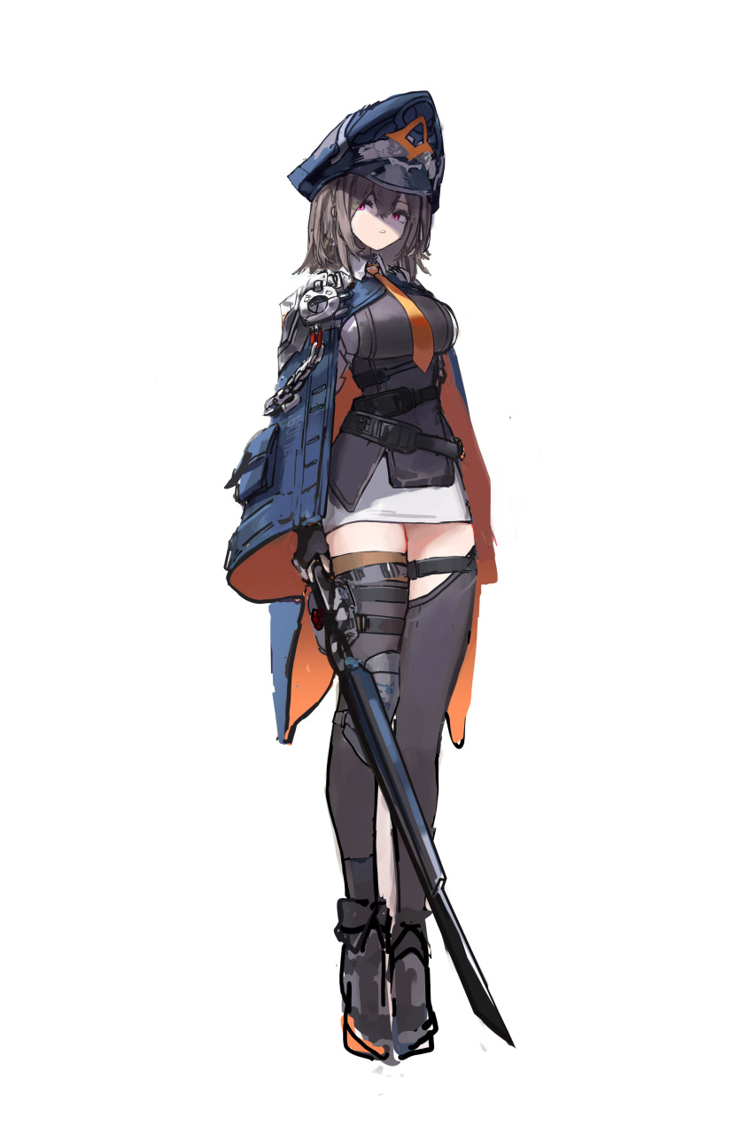 1girl, absurdres, bangs, black_dress, black_footwear, black_gloves, black_thighhighs, blue_headwear