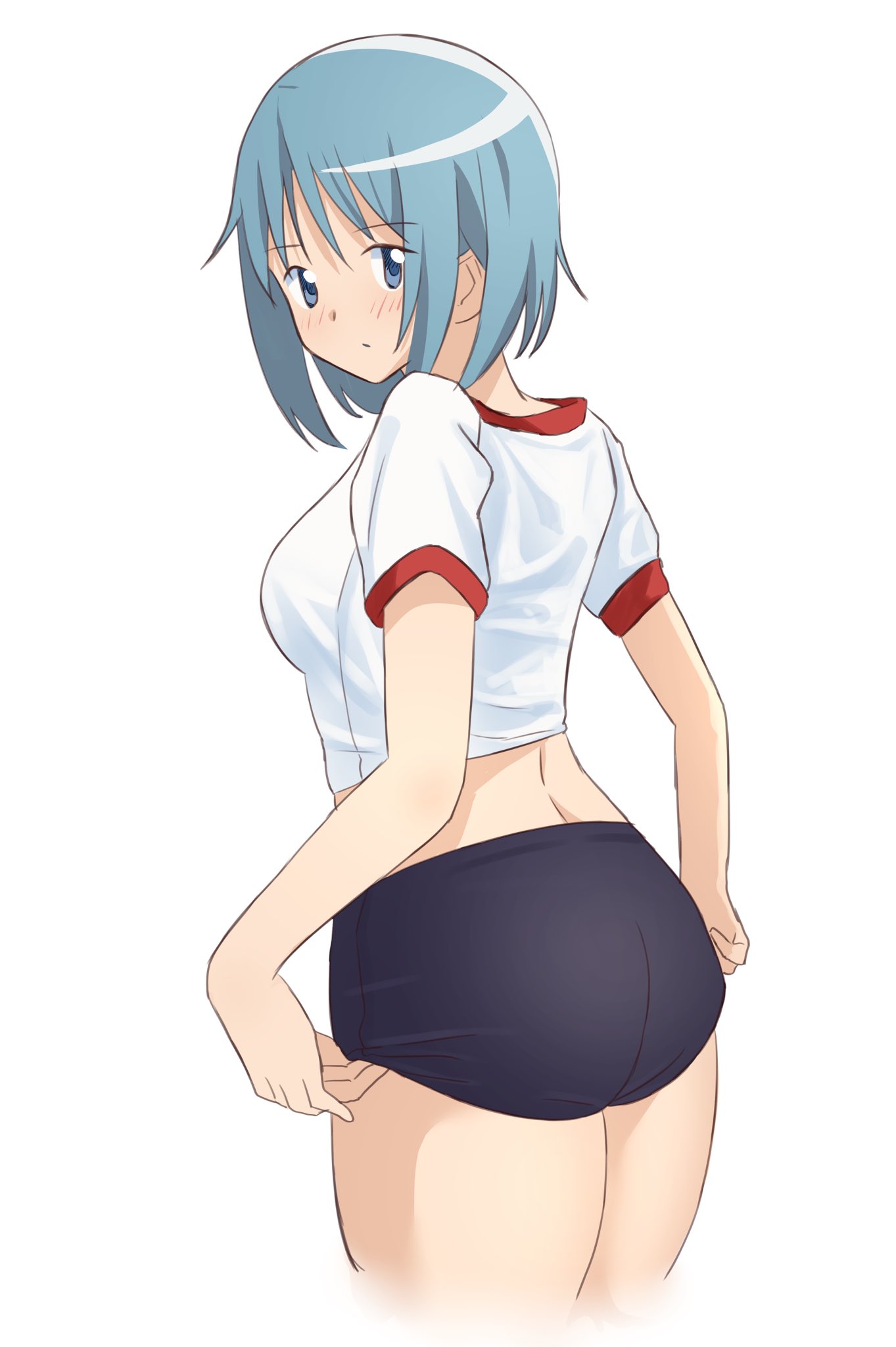 1girl, adjusting_buruma, adjusting_clothes, alternate_costume, ass, blue_buruma, blue_eyes, blue_hair