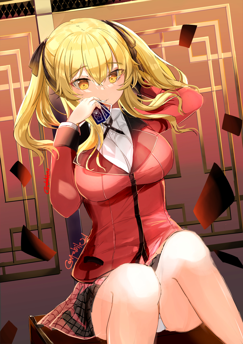 1girl, ahoge, bangs, blonde_hair, brown_eyes, card, collared_shirt, curly_hair