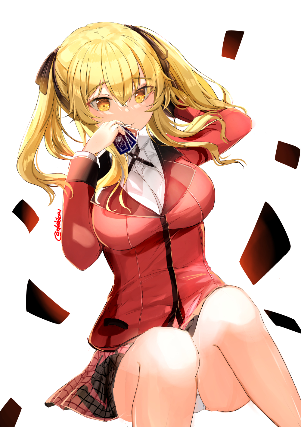 1girl, ahoge, bangs, blonde_hair, brown_eyes, card, collared_shirt, curly_hair