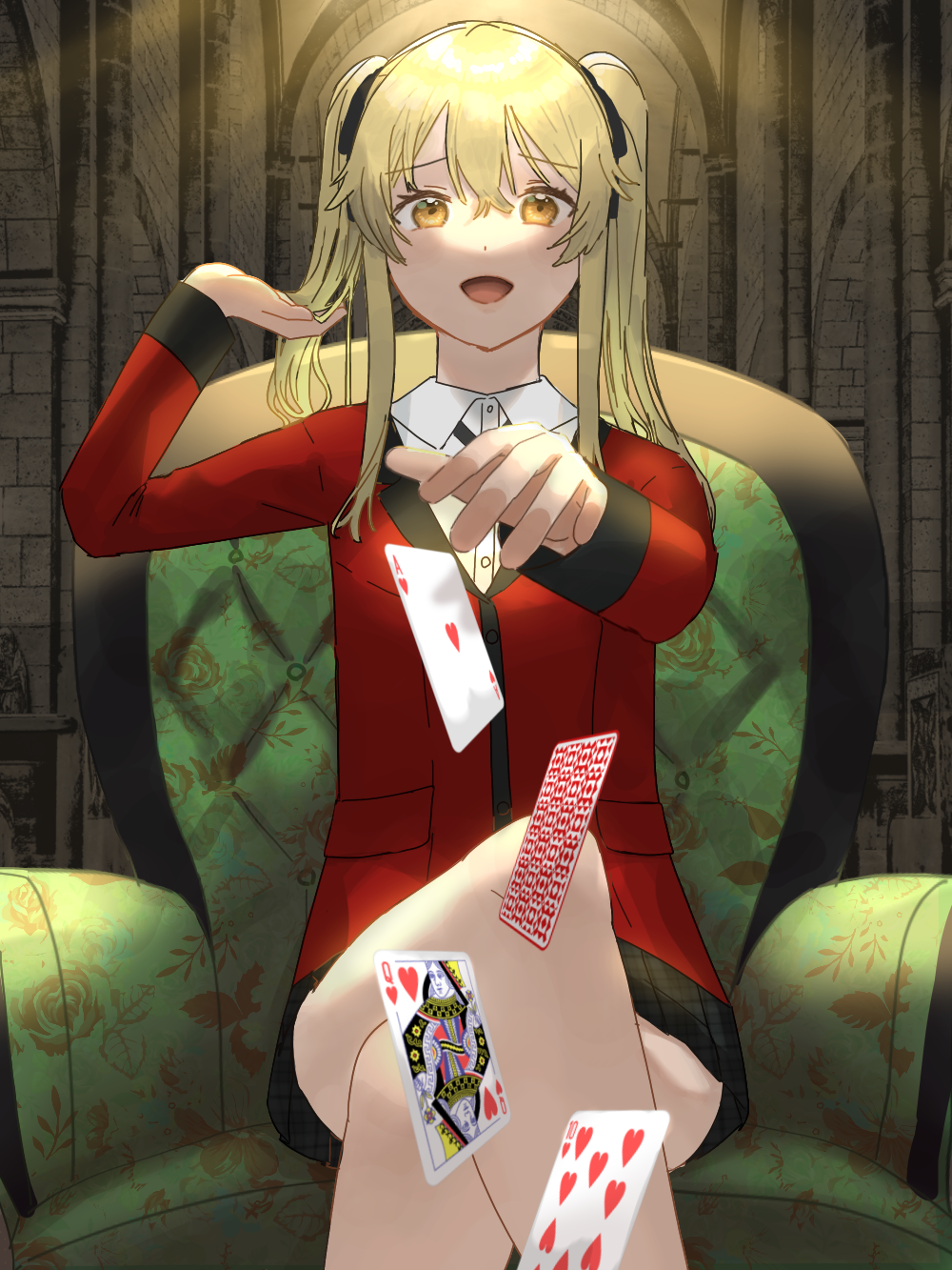 1girl, ahoge, bangs, blonde_hair, brown_eyes, card, collared_shirt, curly_hair, gradient, gradient_background, hair_between_eyes, hair_ribbon, hand_up, highres, hyakkaou_academy_uniform, jacket, kakegurui, king_of_clubs, long_hair, looking_at_viewer, portrait, red_jacket, ribbon, saotome_mary, shirt, smile, solo, straight-on, twintails, white_shirt
