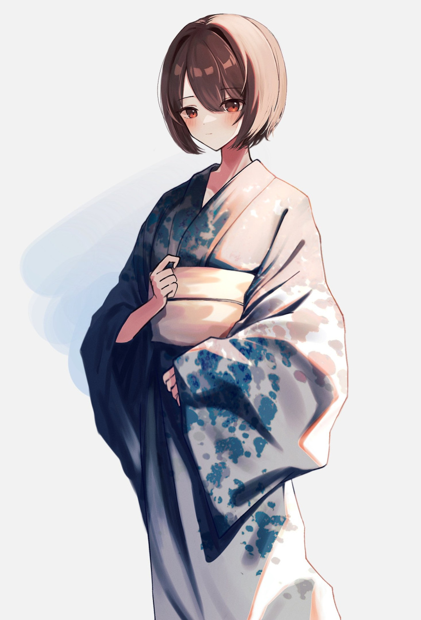 1girl, alternate_costume, bangs, blue_kimono, blush, brown_eyes, closed_mouth, delta_(063k1z5shio)