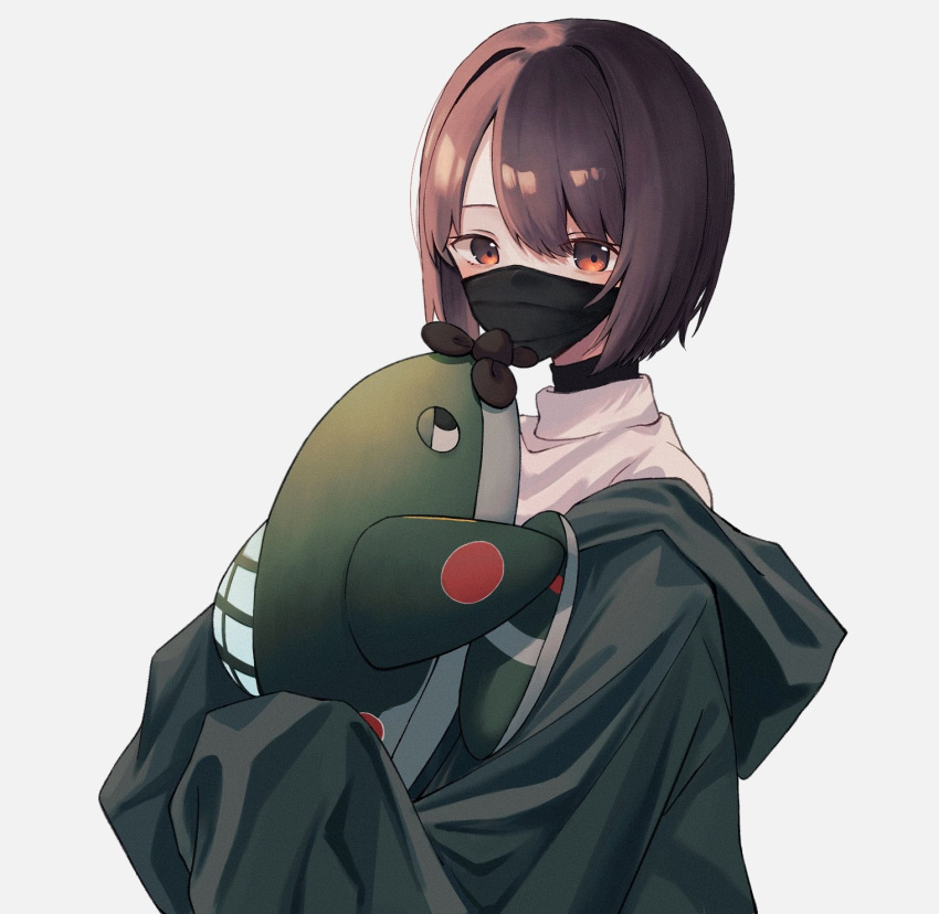 1girl, bangs, black_mask, brown_eyes, brown_hair, delta_(063k1z5shio), grey_background, highres