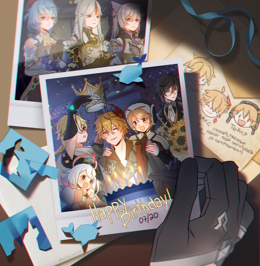 4boys, 4girls, absurdres, aether_(genshin_impact), bangs, bell, birthday_cake, black_bodysuit