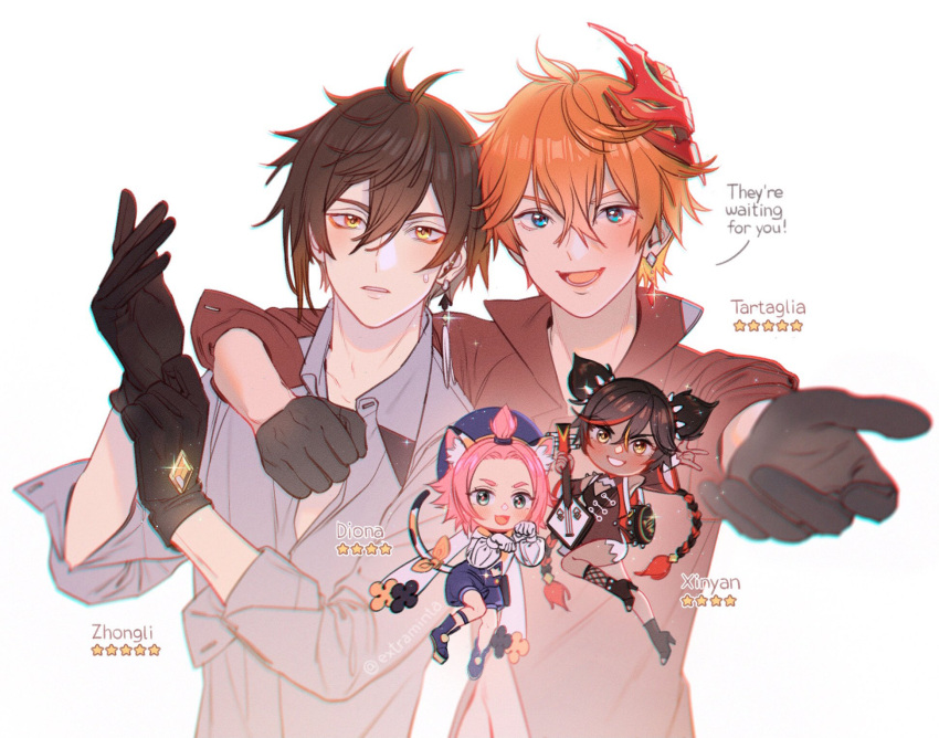 2boys, 2girls, animal_ears, bangs, bangs_pinned_back, black_gloves, black_hair, blue_eyes