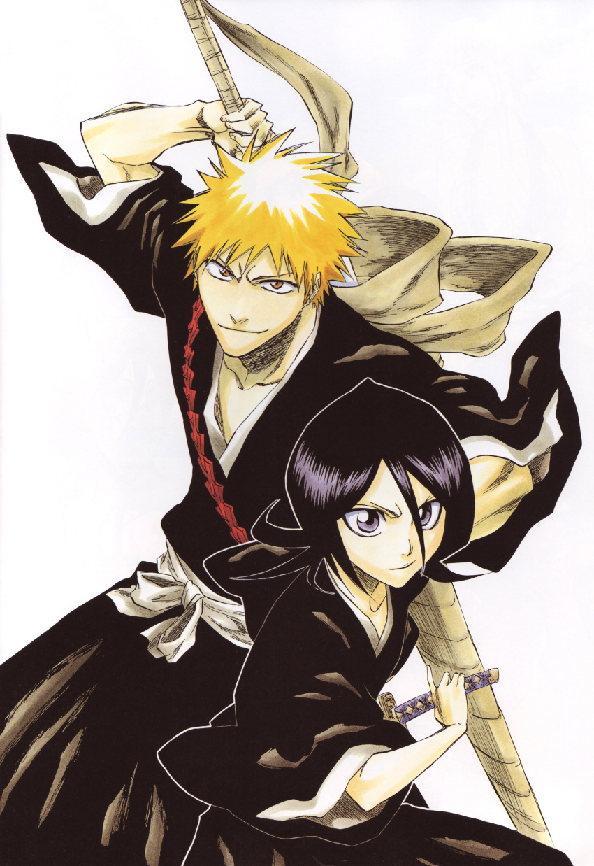 1boy, 1girl, black_hair, bleach, bleed_through, brown_eyes, closed_mouth, hair_between_eyes