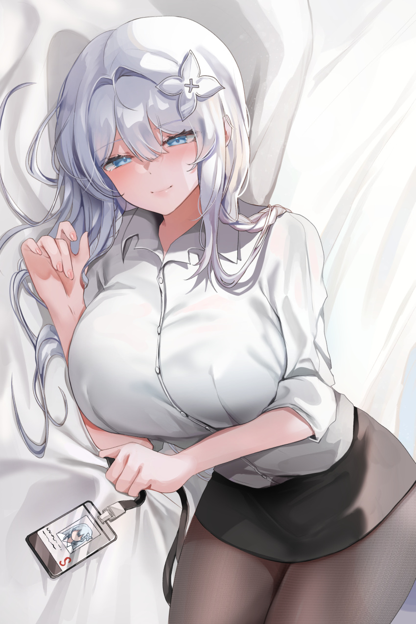 1girl, absurdres, bed_sheet, black_skirt, blue_eyes, breasts, brown_pantyhose, closed_mouth