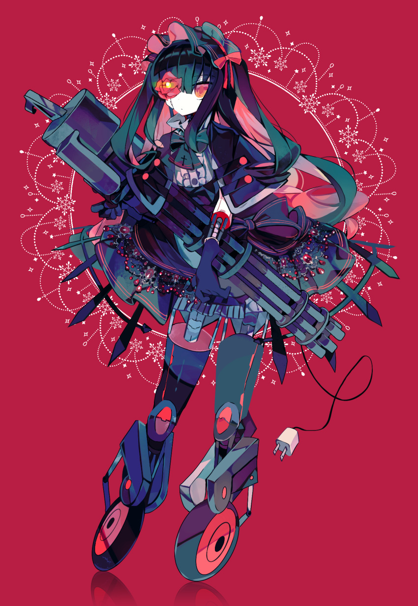 bangs, black_dress, black_gloves, black_hair, black_thighhighs, blunt_bangs, bow, bowtie