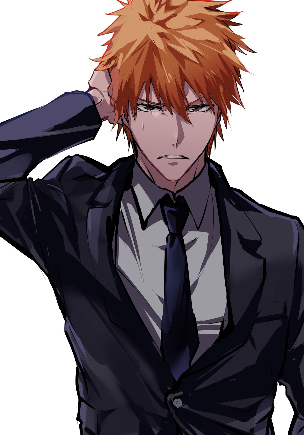 1boy, arm_up, black_necktie, black_suit, bleach, brown_eyes, collared_shirt, formal