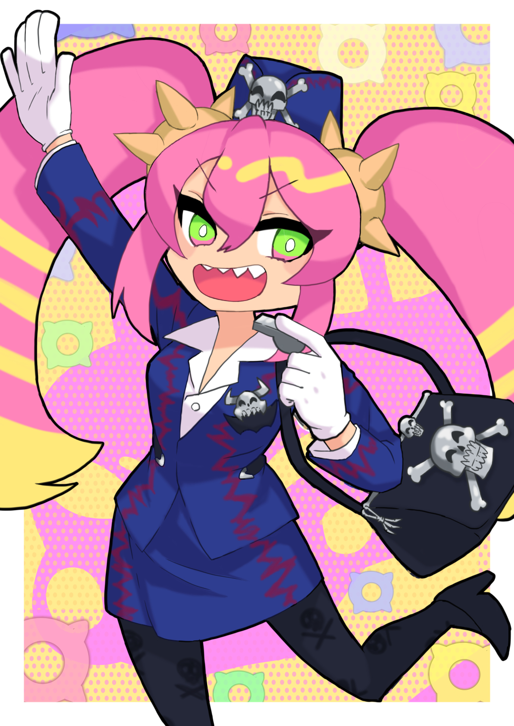 1girl, bag, bangs, black_pantyhose, blue_jacket, blue_skirt, breasts, commentary_request, cosplay, duel_monster, foot_out_of_frame, gloves, green_eyes, highres, holding, holding_bag, jacket, ke-su, ki-sikil_(yu-gi-oh!), live_twin_ki-sikil, long_hair, looking_at_viewer, medium_breasts, open_mouth, pantyhose, pencil_skirt, pink_hair, sharp_teeth, shirt, skirt, skull_and_crossbones, skull_print, smile, solo, teeth, tour_guide_from_the_underworld, tour_guide_from_the_underworld_(cosplay), twintails, white_gloves, white_shirt, yu-gi-oh!