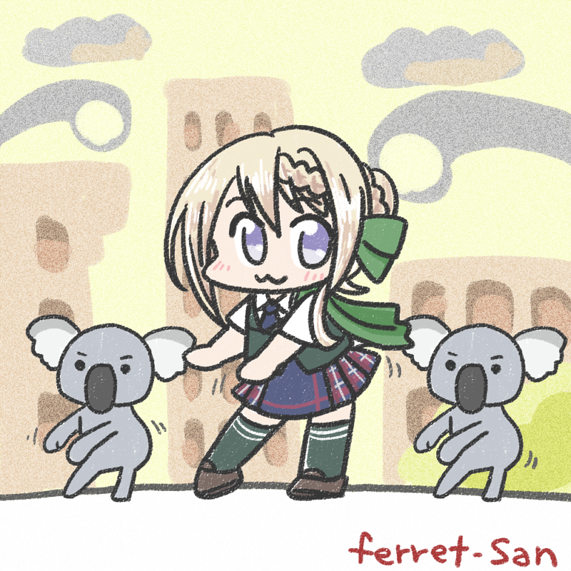 1girl, :3, artist_name, blonde_hair, blue_necktie, blue_skirt, braid, braided_bangs