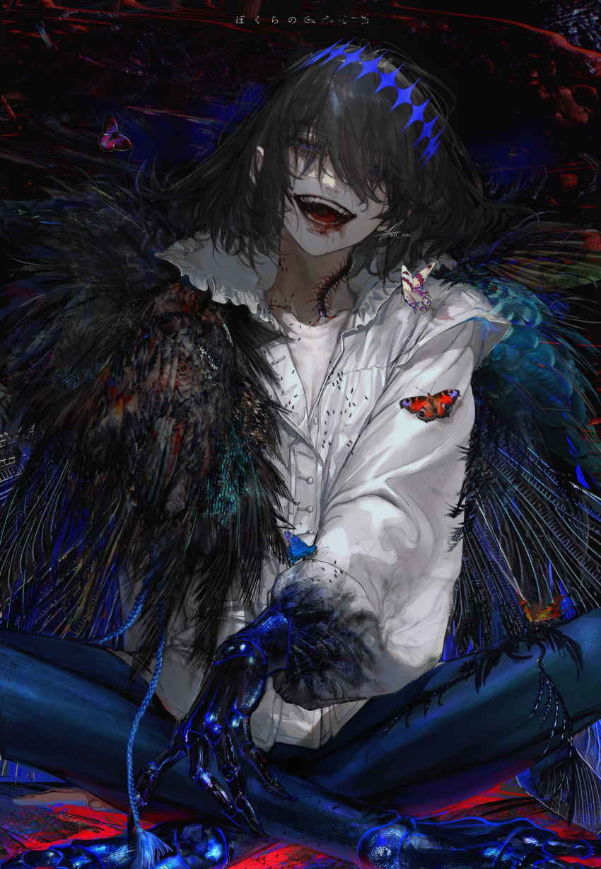 1boy, ant, arthropod_boy, au_(d_elite), background_text, bangs, black_hair, blood