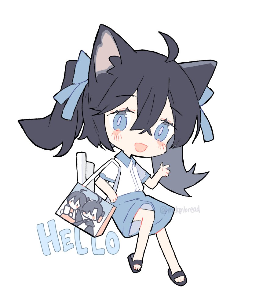 1girl, :d, ahoge, animal_ears, artist_name, bag, bangs, black_footwear